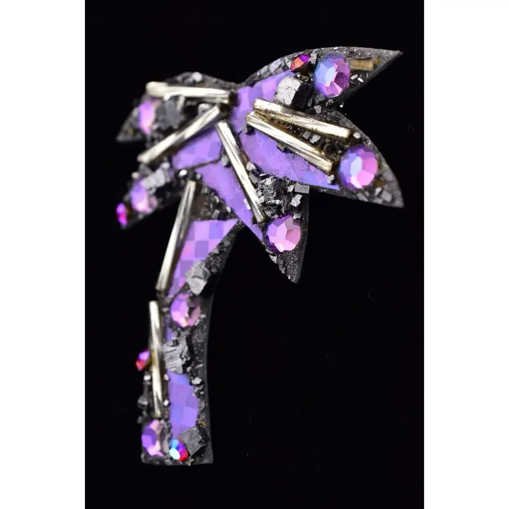 Vintage Designer Signed Palm Tree Brooch Purple Mosaic Galena Crystal Pin BinBI